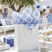 Elegante patrón de damasco mediterráneo azul y bla