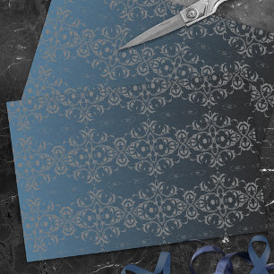 Papel De Seda Elegante Patrón De Damasco Metálico Gris Y Azul