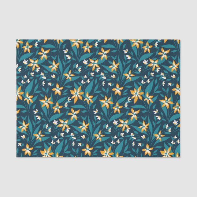 Papel De Seda Elegante patrón de flores amarillas en hojas verde (Anverso)