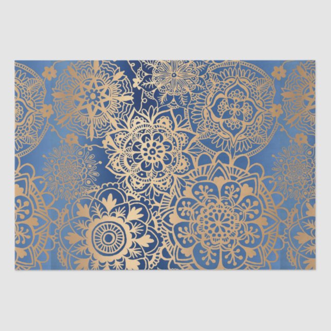 Papel De Seda Elegante patrón de manala dorada azul (Anverso)