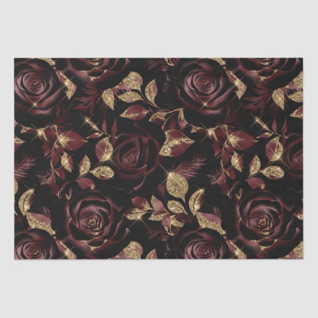 Papel De Seda Elegante Patrón floral Borgoña Rojo y Oro Rosa (Anverso)