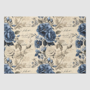 Papel De Seda Elegante patrón floral de crema azul