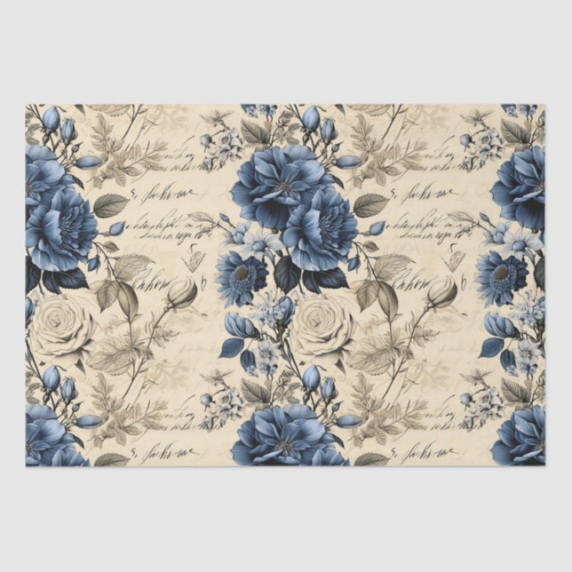 Papel De Seda Elegante patrón floral de crema azul (Anverso)