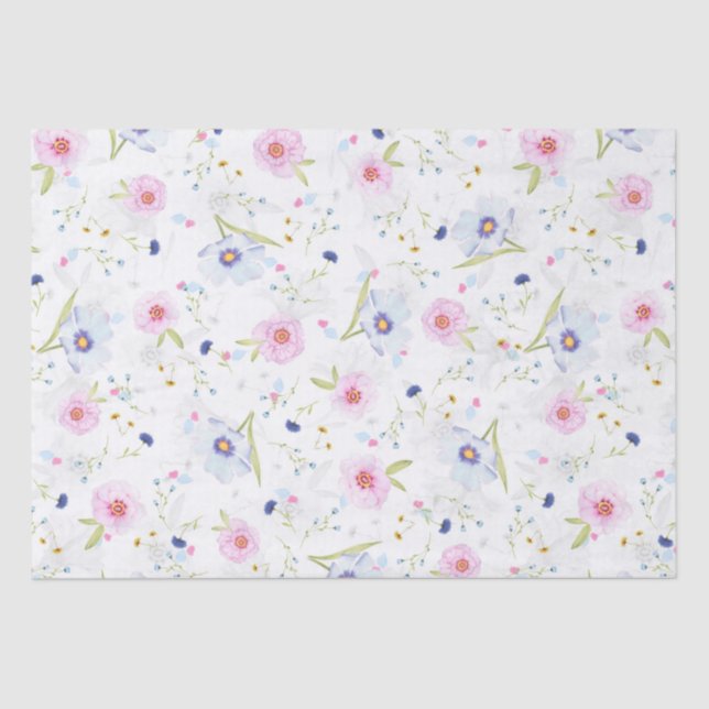 Papel De Seda Elegante patrón floral de flores azules y rosas (Anverso)