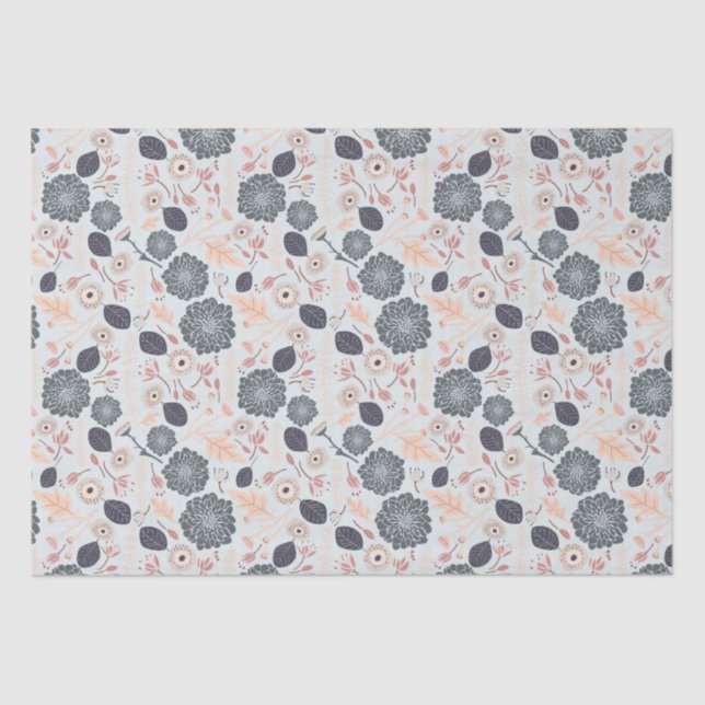 Papel De Seda Elegante Patrón Floral De Peach Azul Gris (Anverso)