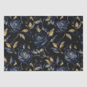 Papel De Seda Elegante patrón floral de rosa azul marino y dorad