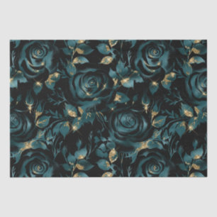 Papel De Seda Elegante patrón floral de rosa azul verdoso y dora