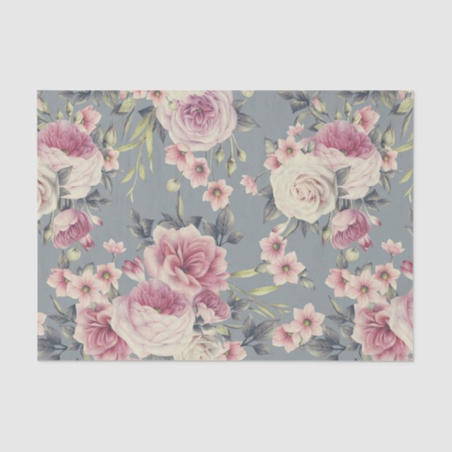 Papel De Seda Elegante patrón floral de rosas y flores rosadas (Anverso)