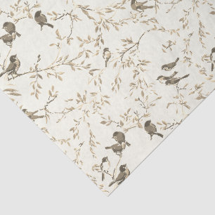 Papel De Seda Elegante patrón vintage beige de pájaro y rama