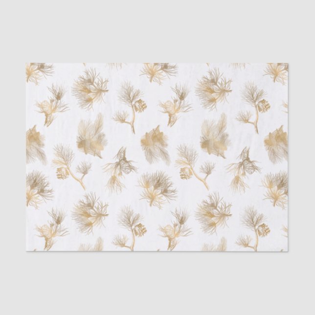 Papel De Seda Elegante Pino de Invierno Dorado Grabado (Anverso)