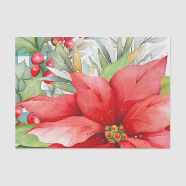 Papel De Seda Elegante Poinsettia Roja Y Berries (Anverso)
