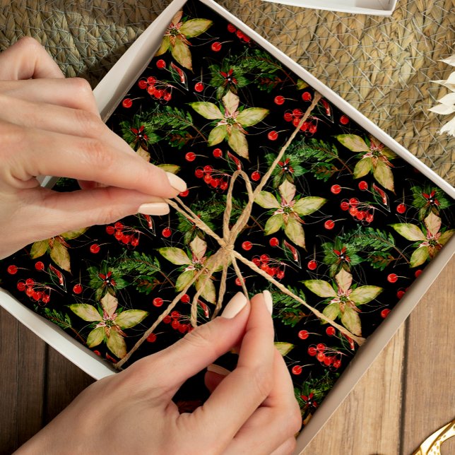 Papel De Seda Elegante Poinsettia y Berries en negro (Tissue Paper)