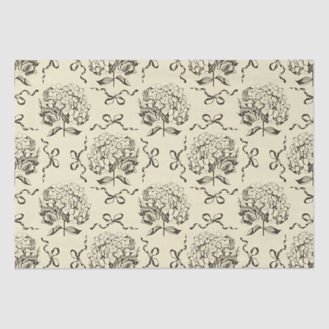 Papel De Seda Elegante Preppy Beige Toile Hydrangea Bow Patrón (Anverso)