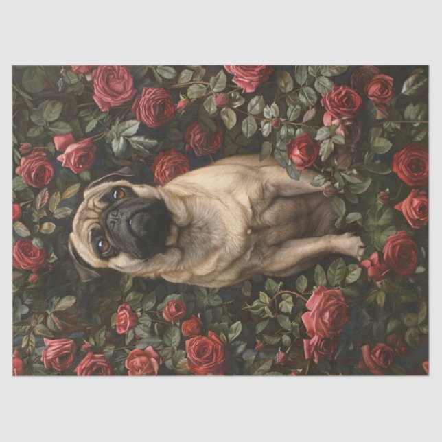 Papel De Seda Elegante Pug Rodeado De Desnudos De Rosas (Anverso)