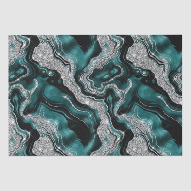 Papel De Seda Elegante Purpurina Verde azulado y plateado Agate  (Anverso)