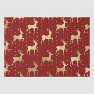Papel De Seda Elegante Reno de Navidad en Rojo y Dorado con Hoja