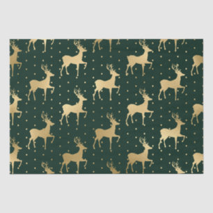 Papel De Seda Elegante Reno de Navidad en Verde y Dorado con Hoj