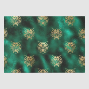 Papel De Seda Elegante rostro de tigre salvaje verde y dorado sa