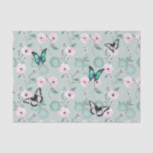 Papel De Seda Elegante salvia y flores rosadas con mariposas