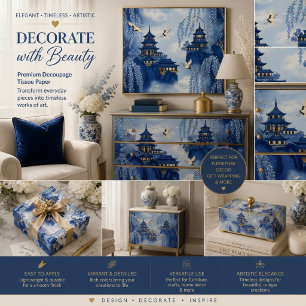 Papel De Seda Elegante Sereno Azul Chinoisería Montaña Decoupage