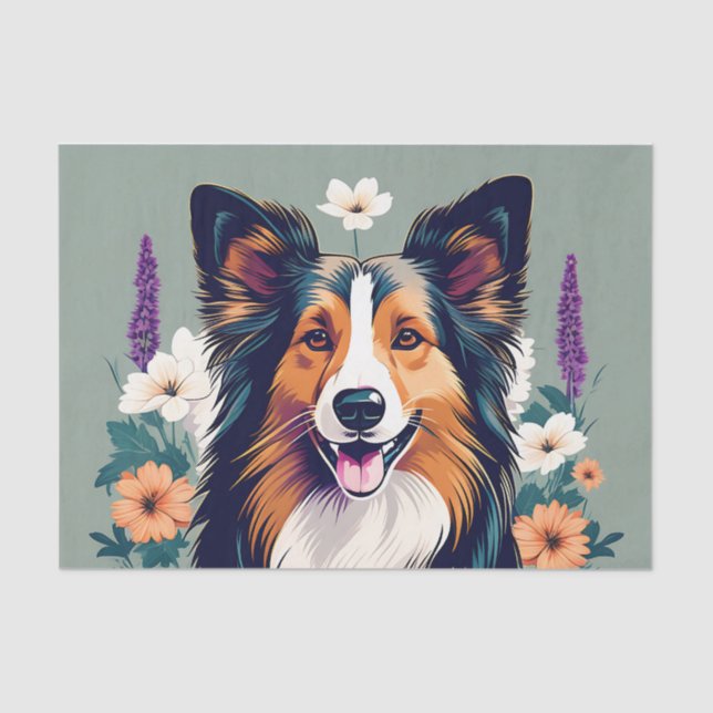 Papel De Seda Elegante Sheepdog de Shetland con flores (Anverso)