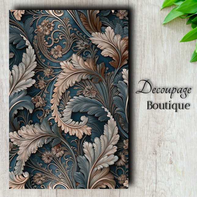 Papel De Seda Elegante Té De Hojas De Acanthus/Decoración Barroc (Elegant Acanthus Leaf Teal and Taupe Baroque Design Decoupage Tissue Paper)