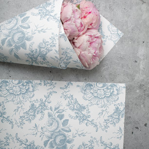 Papel De Seda Elegante tela floral azul y blanca grabada