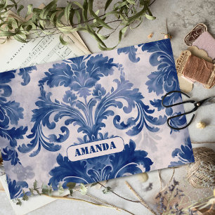 Papel De Seda Elegante Toile de Jouy Damasco Azul Monograma