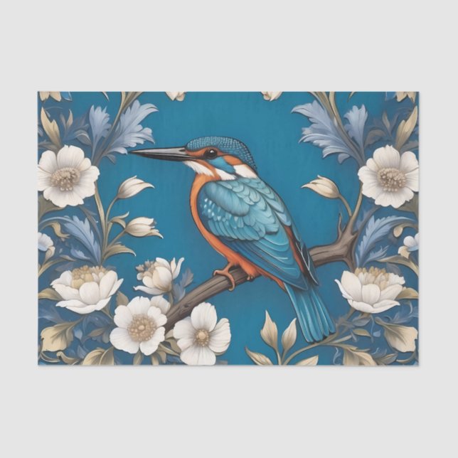 Papel De Seda Elegante Turquoise Kingfisher Bird Floral (Anverso)