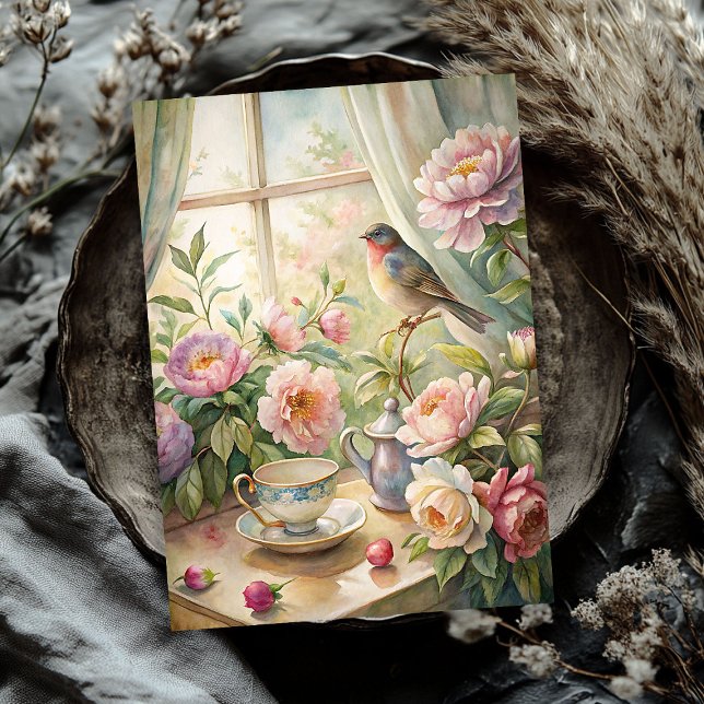 Papel De Seda Elegante ventana de verano con peonías de pájaro r (Elegant summer window with bird pink peonies tissue paper)