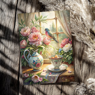 Papel De Seda Elegante ventana de verano con peonías de pájaro r