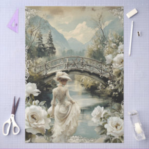Papel De Seda Elegante Victoriano Escénico Rosas Blancas Decoupa