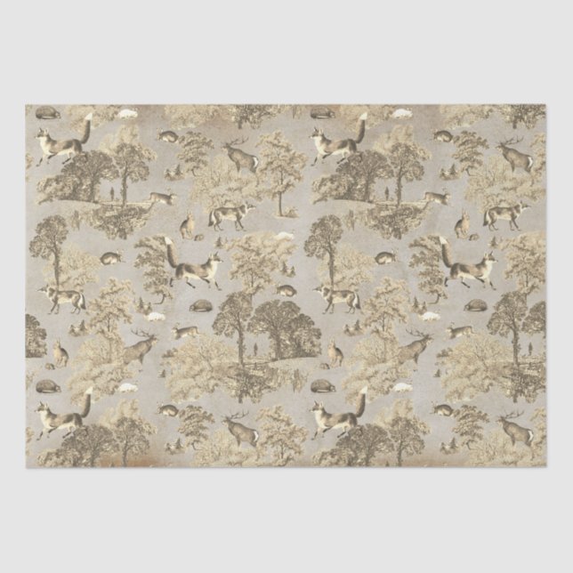 Papel De Seda Elegante Viejo Beige Fox Woodland Toile Kraft (Anverso)