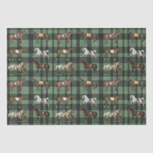 Papel De Seda Elegante Vintage Caballos adoquinados Green Plaid