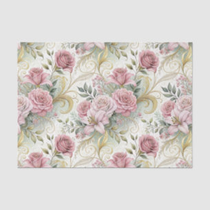 Papel De Seda Elegante Vintage Rosado Flores de Boda Doradas  