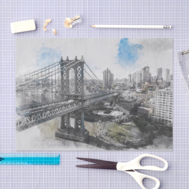 Papel De Seda Elegante Watercolor Brooklyn Bridge NYC (Artesanía)