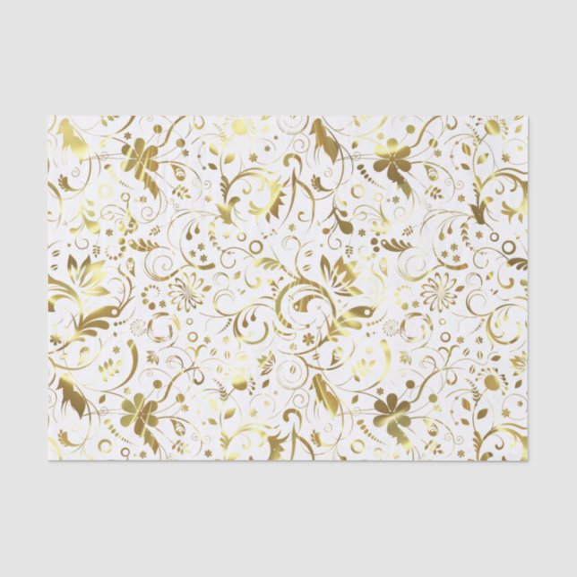 Papel De Seda Elegantes Damascos Florales De Blanco Y Oro (Anverso)
