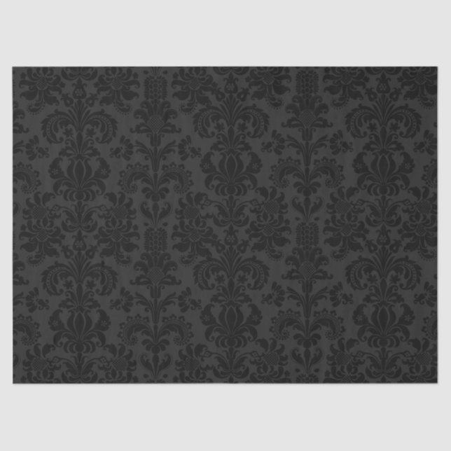 Papel De Seda Elegantes damascos florales negros sobre gris oscu (Anverso)