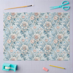 Papel De Seda Elegantes Florales de inspiración azul y blanca