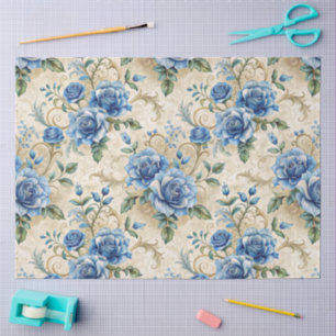 Papel De Seda Elegantes Florales de inspiración azul y blanca