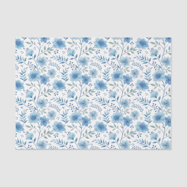 Papel De Seda Elegantes Flores Acuarela Azul Decoupage (Anverso)
