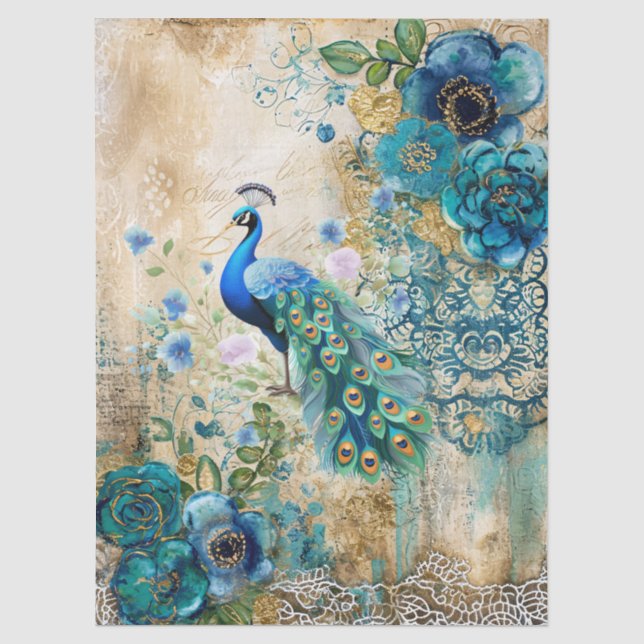 Papel De Seda Elegantes flores azules turquesa y pavo real angus (Anverso)