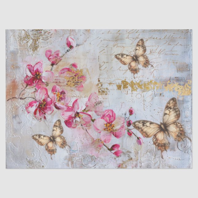 Papel De Seda Elegantes flores rosadas mariposas decoupage vinta (Anverso)