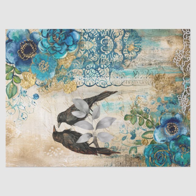 Papel De Seda Elegantes flores y cuervos azules teñidos de oro e (Anverso)