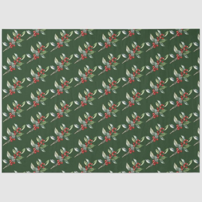 Papel De Seda Elegantes Navidades acuarela Verde Rojo Botánico (Anverso)
