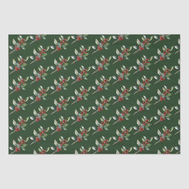 Papel De Seda Elegantes Navidades acuarela Verde Rojo Botánico (Anverso)