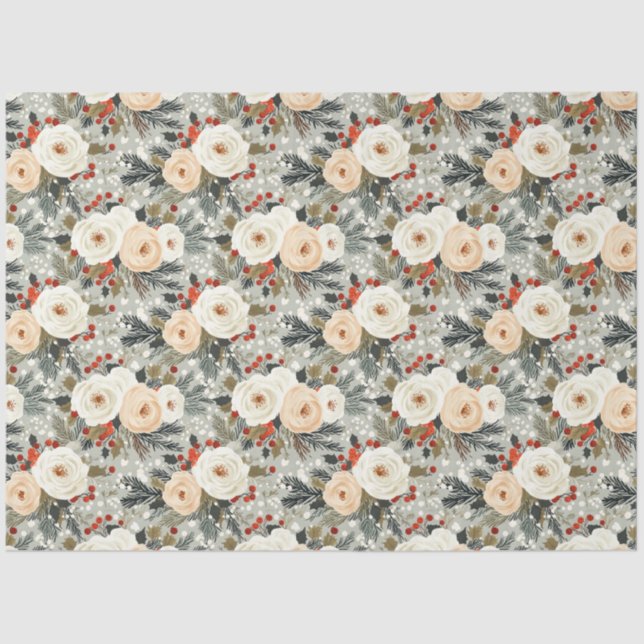 Papel De Seda Elegantes Navidades Rosas Blancas y Berry Invierno (Anverso)