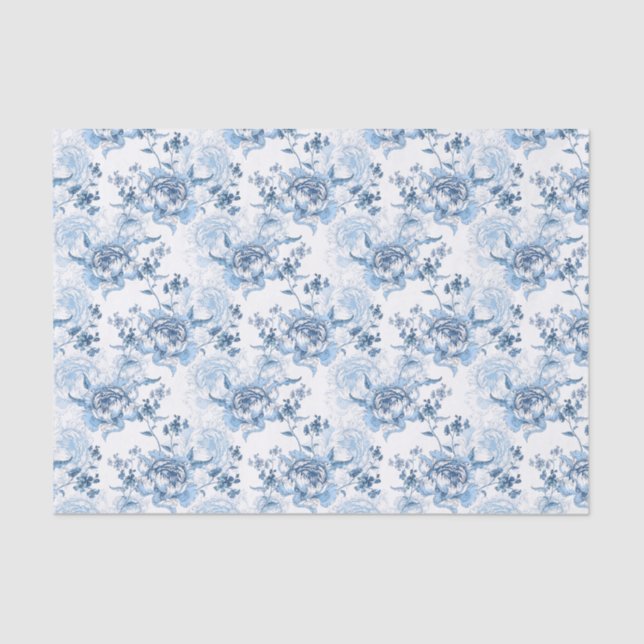 Papel De Seda Elegantes Peonies con grabado azul y blanco (Anverso)
