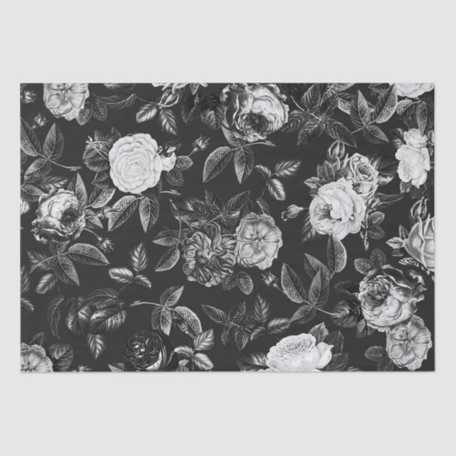 Papel De Seda Elegantes Rosas blancos negros de época (Anverso)