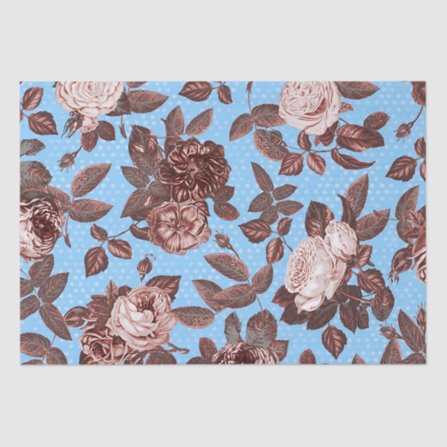 Papel De Seda Elegantes Rosas de cobre de Moda añeja en azul (Anverso)